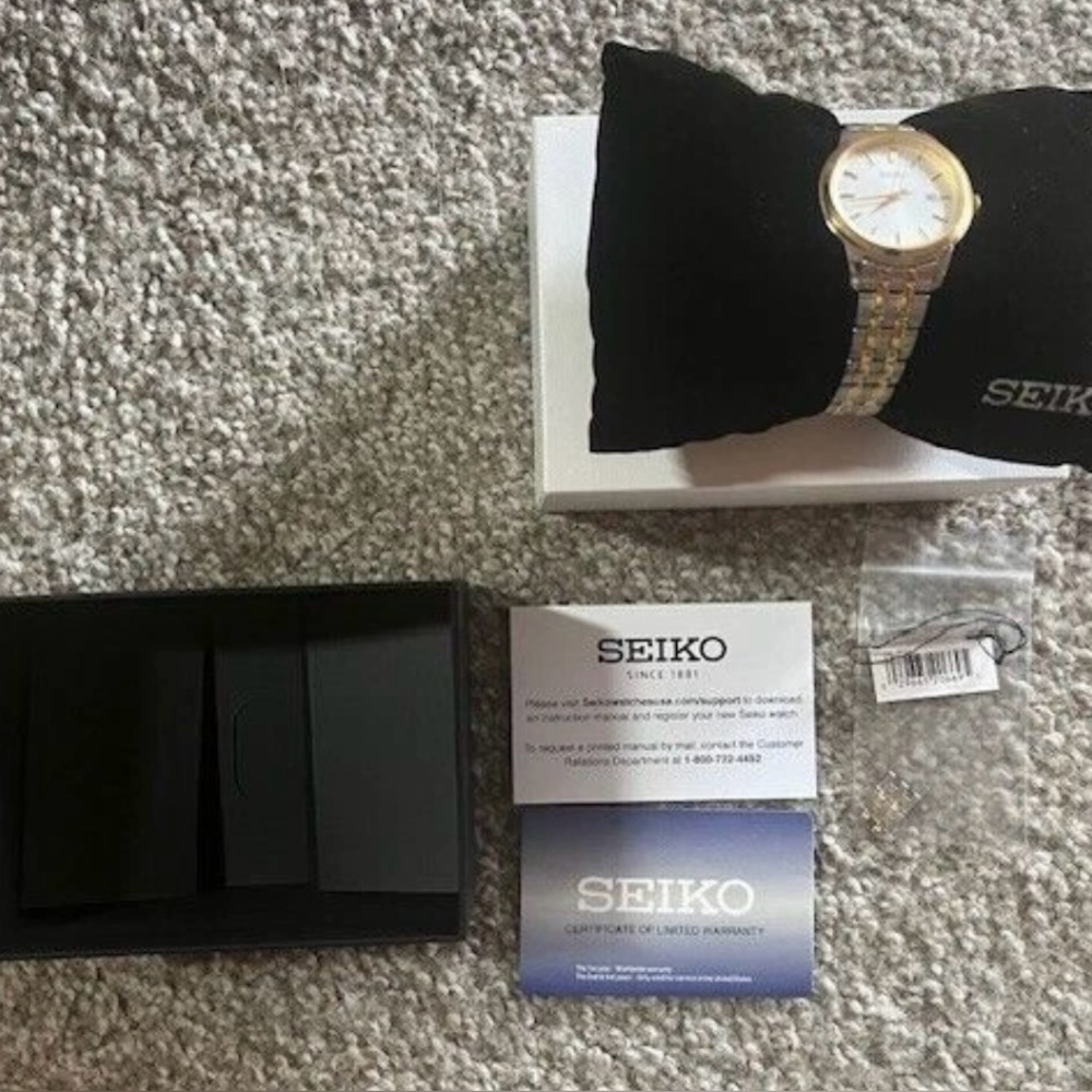Seiko Essentials Womens Two Tone Stainless Steel White Watch MSRP $225